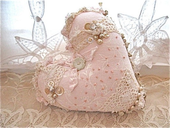 sale ......Fabric ooak heart pillow- pretty- pale pink shabby chic pillow- romantic heart pillow- fiber art- frayed edges