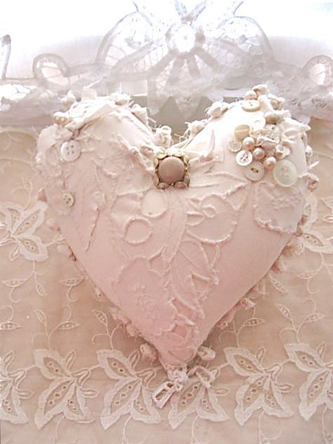 Fabric ooak heart pillow- pretty- creamy white shabby chic pillow- romantic Valentine heart pillow- fiber art- frayed edges