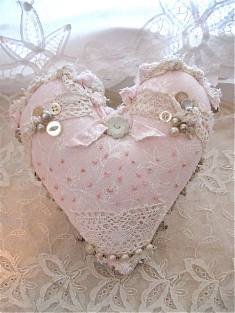 sale ......Fabric ooak heart pillow- pretty- pale pink shabby chic pillow- romantic heart pillow- fiber art- frayed edges