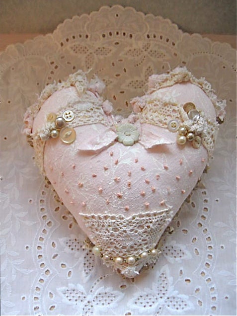sale ......Fabric ooak heart pillow- pretty- pale pink shabby chic pillow- romantic heart pillow- fiber art- frayed edges