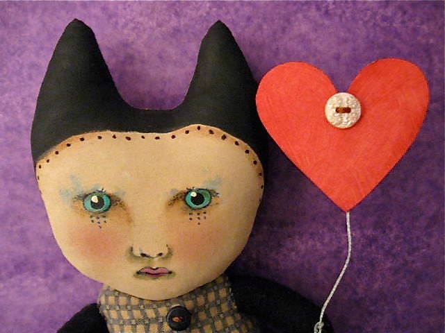 Cat girl art doll- Valentine- Clarice- ugly cute- weird- contemporary folk art- ooak doll