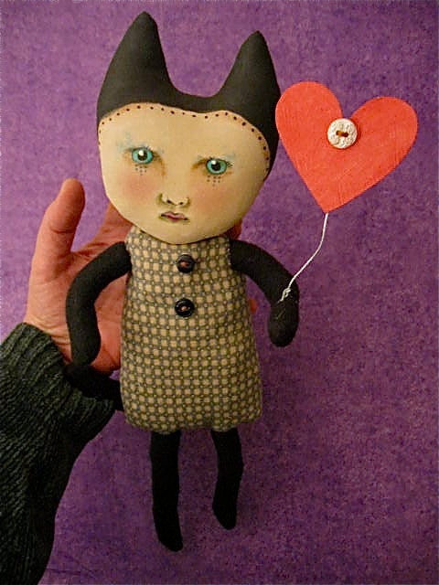 Cat girl art doll- Valentine- Clarice- ugly cute- weird- contemporary folk art- ooak doll