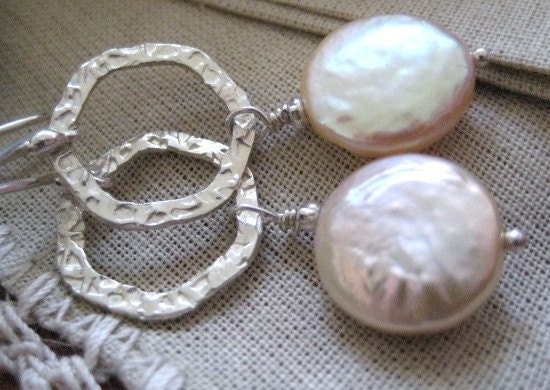 Genuine Fresh water Pearl  Coin on  hammered hoop silver Earrings-Bride Jewelry-bridesmaid coin pearl earrings