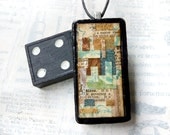 Urban Paper Collage Fine Art Domino Pendant - Black Wood Domino OOAK Necklace Jewelry - Dots 3/9 (12) - A Tiny Work of Awesome