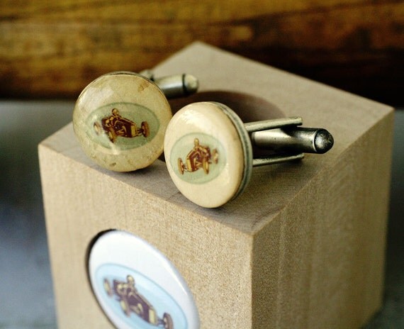 Vintage Go Kart Racing Cufflinks - Recycled Cork in Wood Block by Uncorked - Antique Silver - Go Cart