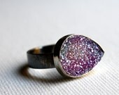 Bright Pink Drusy Drop Ring- Handmade Sterling Silver