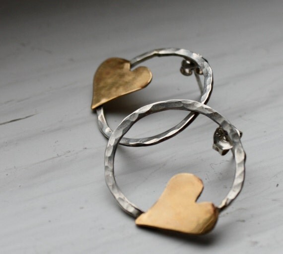 SALE Sterling Silver Hammered Hoops with Brass Hearts