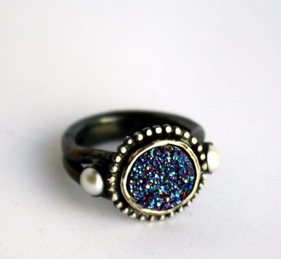 Drusy Deluxe - Luxury Sterling Silver Ring with Blue Drusy and Pearls