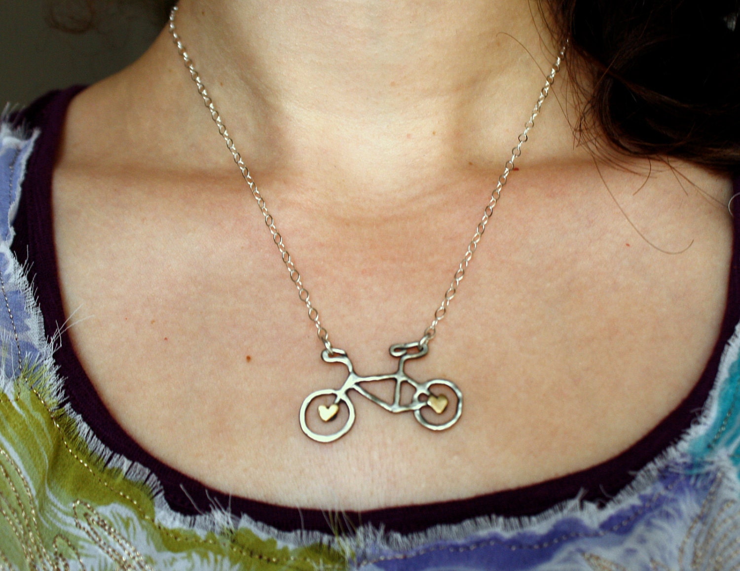 Ready to Ship- Tiny Sterling Silver Bike with Brass Hearts