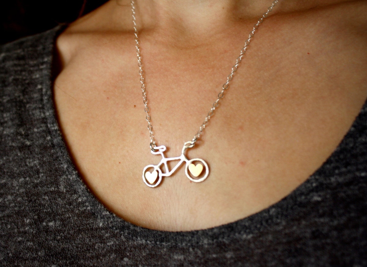 Ready to Ship- Tiny Sterling Silver Bike with Brass Hearts