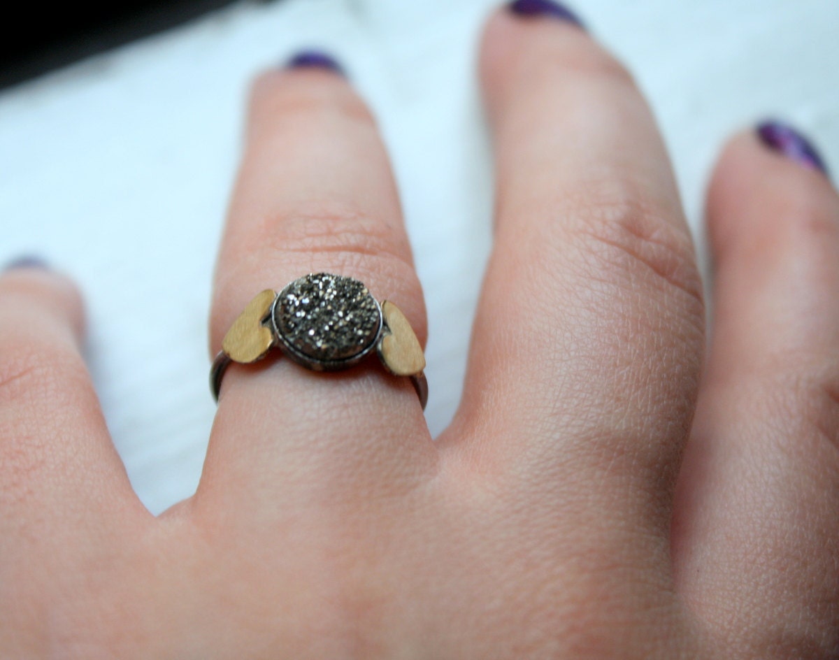 Black Drusy Ring with Brass Hearts