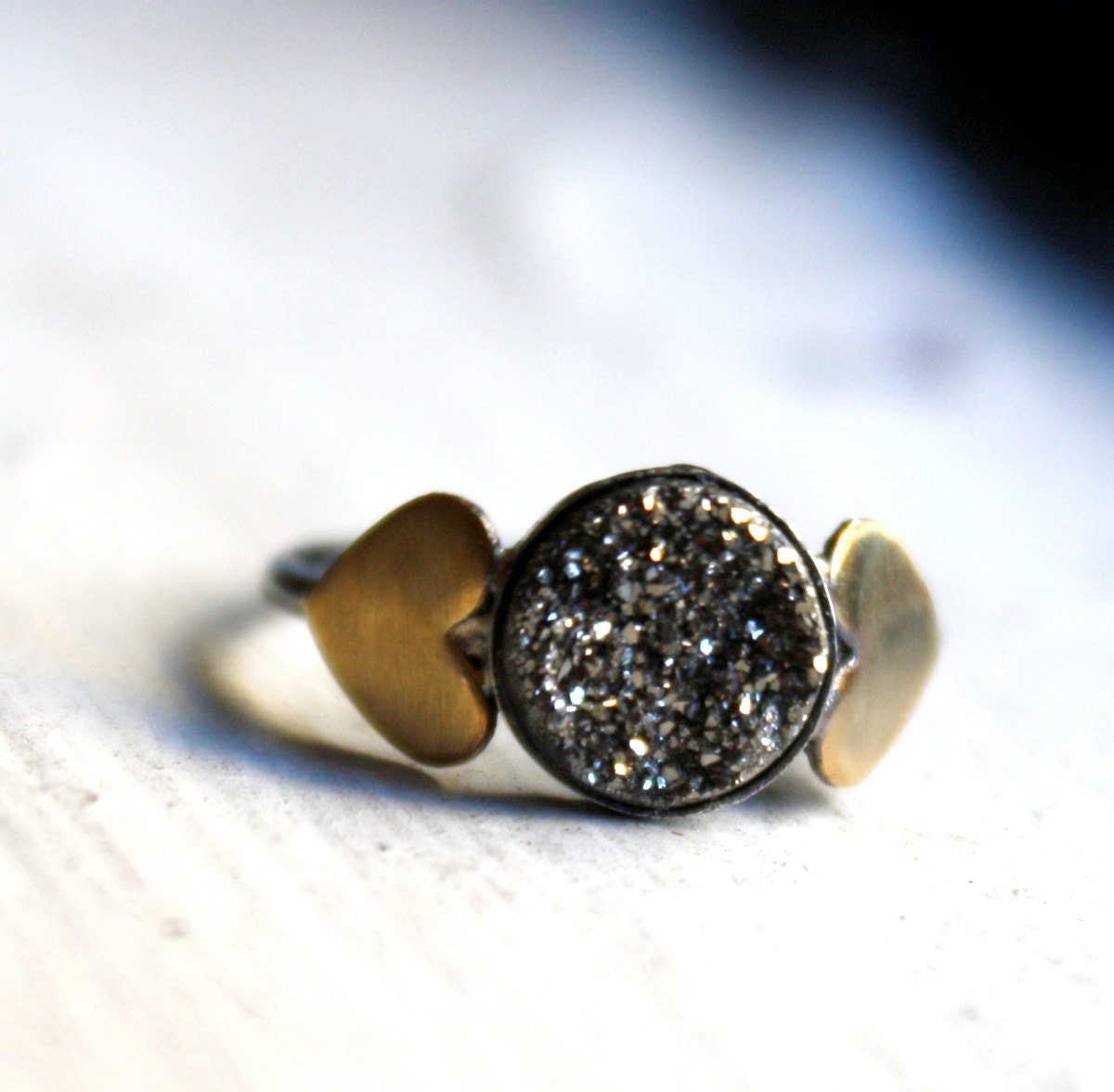 Black Drusy Ring with Brass Hearts