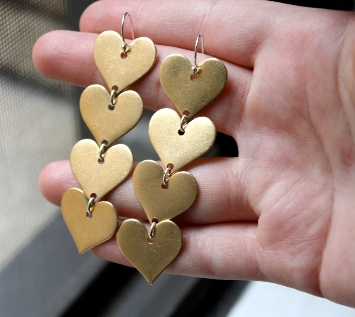 Valentines Day - Brass Heart Dangle Earrings- Handmade and Wonderful