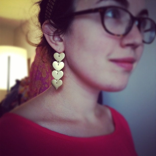 Valentines Day - Brass Heart Dangle Earrings- Handmade and Wonderful