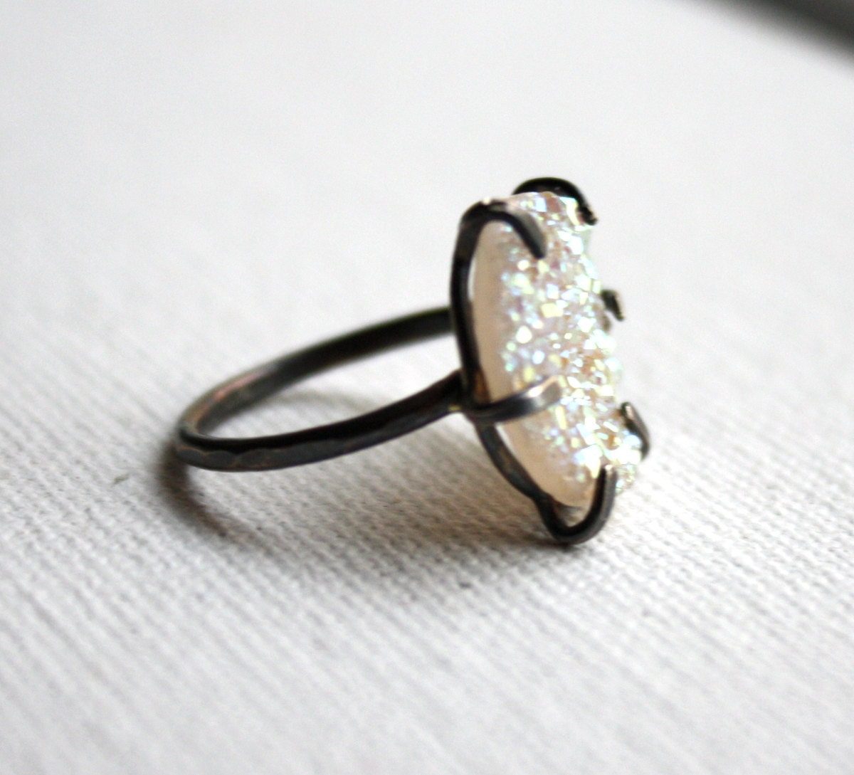Snow White Drusy In Handmade Oxidized Pronged Setting