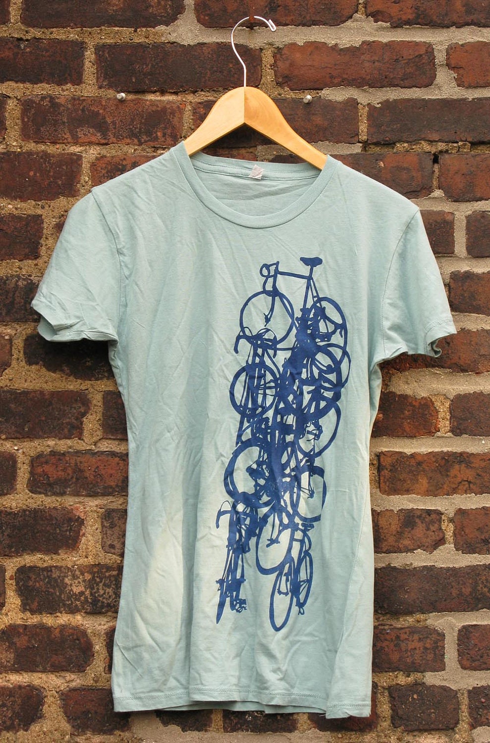 Bicycle Art Shirt - Vertical Bike Stack on Jade Crew T - Women's Cut