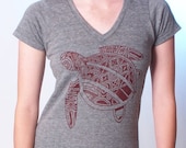 Tattoo Sea Turtle V-neck T-shirt on Heather Gray - Women's Tee Shirt XS S M L XL 2X 3X