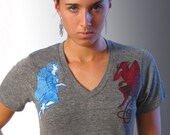 Womens T shirt- Shoulder Angel and Devil Organic V-neck Tshirt -  XS S M L XL 2XL 3XL