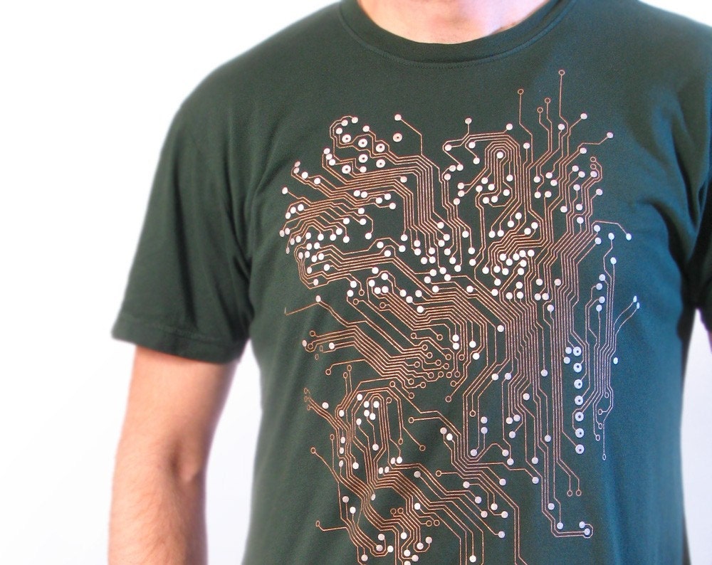 Circuit Board Graphic T-Shirt on Forest Green - Men's Tee Shirt S M L XL 2XL 3XL