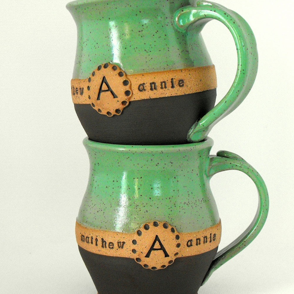 2 Piece Custom Name Mug (TM) Set, Commemorative Wedding or Anniversary Gift, Scratch Made Pottery by Mud Pie Studio