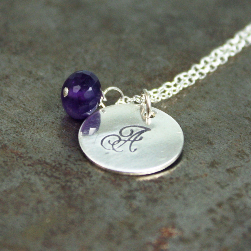 Initial Birthstone Necklace - Sterling Silver - Hand Stamped