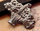 SALE - Flower Basket Hand Cast Pewter Charm Focal Pendant