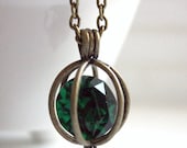 Captured Vintage Emerald Swarovski Diamond Crystal in Antique Brass Cage Pendant necklace Free USA Shipping