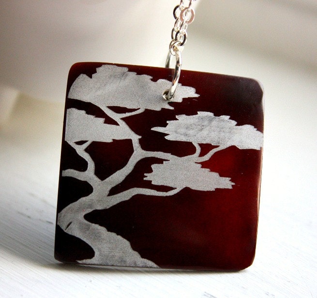 Big Sur Inspired Etched Lone Cypress Tree in Shell Pendant necklace Free USA Shipping