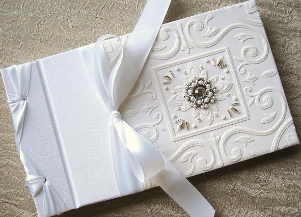 Beaded Wedding Guest Book or Photo Album White Embossed Paper with Elegant Pearls & Silver Beads