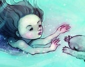 Sea Mermaid - 13x16 inch Giclee Print - nursery art sea girl otter seaweed cute indie