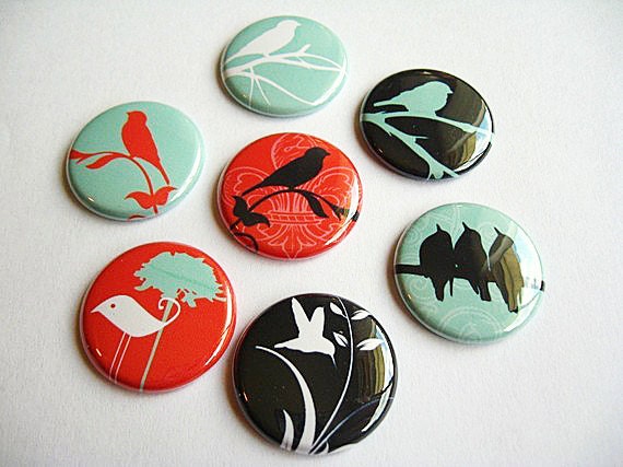 Seven bird magnets for your fridge / bird silhouettes / red, teal blue, black, white 1110
