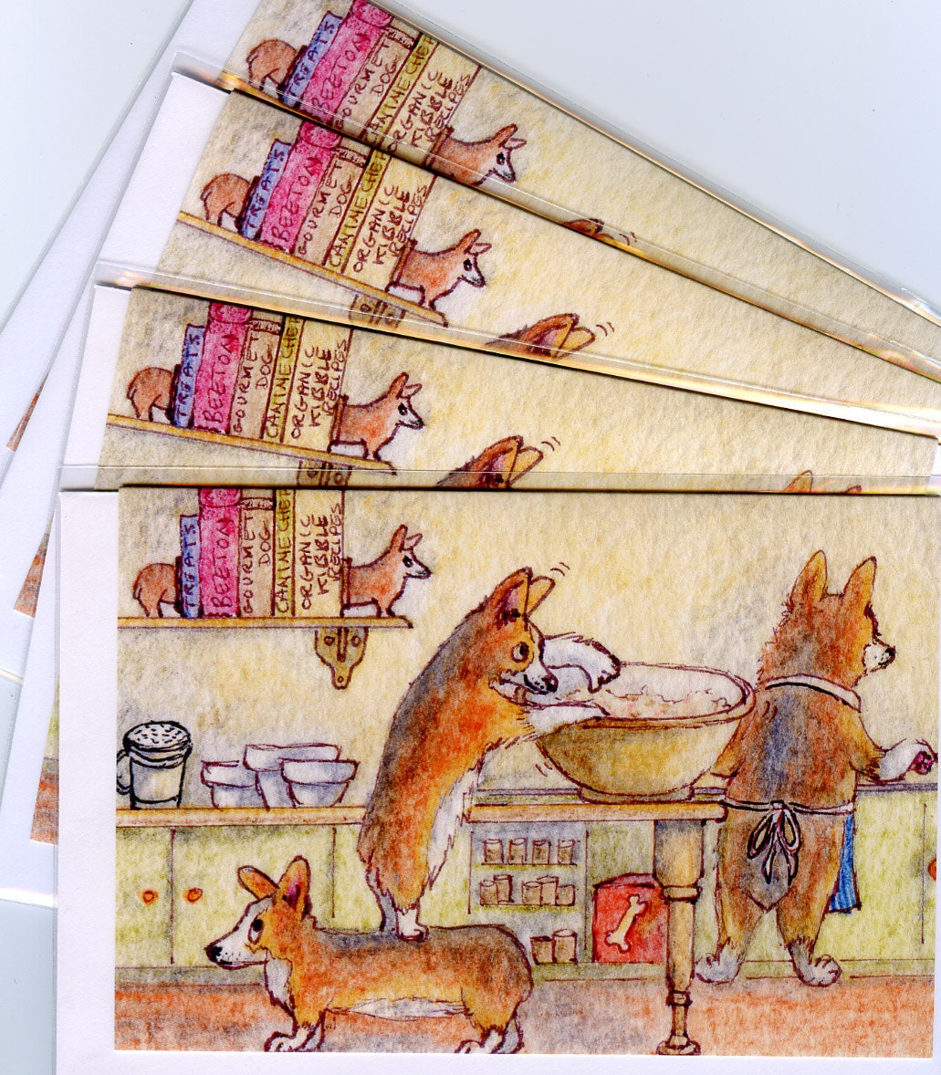 4 x Corgi pups pinching uncooked dough greeting cards