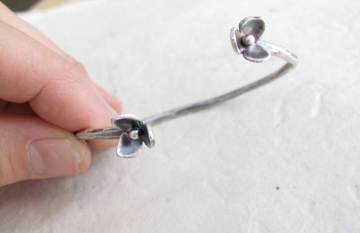 sterling silver blossom cuff bracelet - hand wrought flower cuff