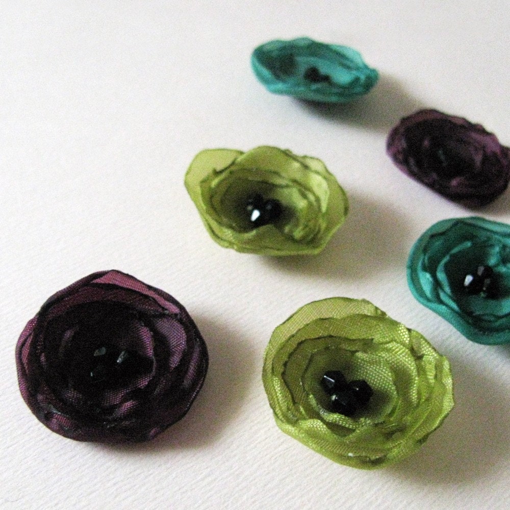 Teal, Green and Violet - 6 Mini Poppy Flowers - Handmade fabric applique