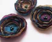 Poppy Pin Brooch Fabric Mixing-Colors Collection - Petroleum Blue, Mustard and Plum, with iridescent beads