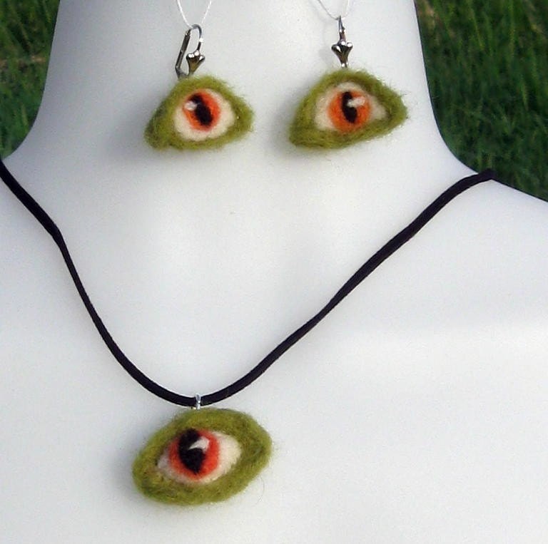 Dragon Eye Leather Thong and Needle Felted Pendant - 2 pendants green with fire eyeballs ready for immediate shipping