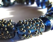SRA 14 Handmade Lampwork Glass Tube Beads, Royal Blue, silvered frit