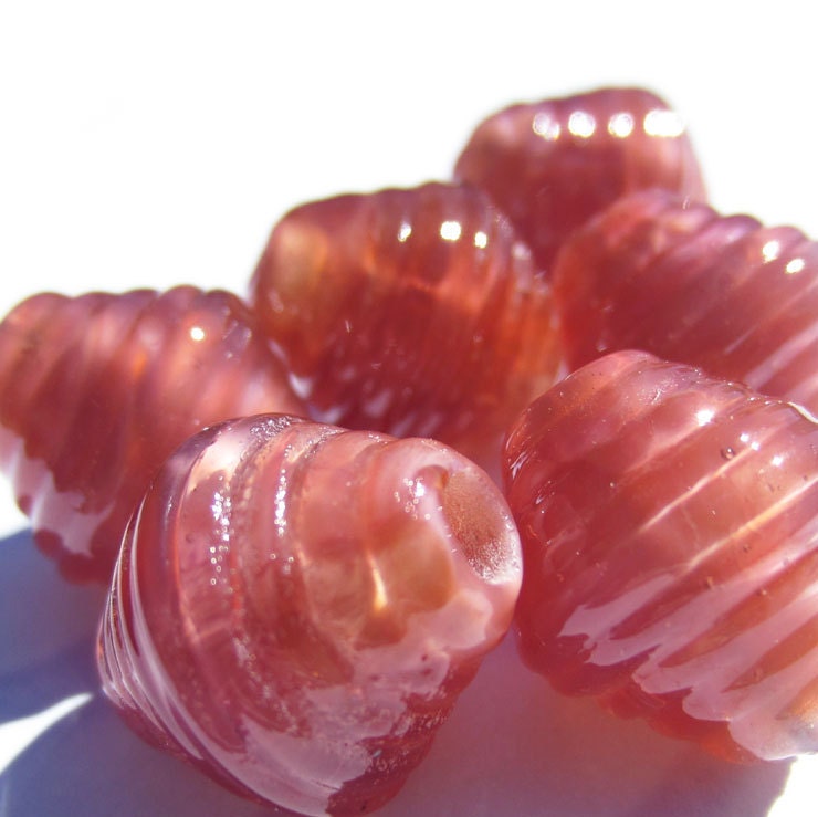 Lampwork Dusty Rose Pearlescent Ribbed Glass Beads SRA s/6
