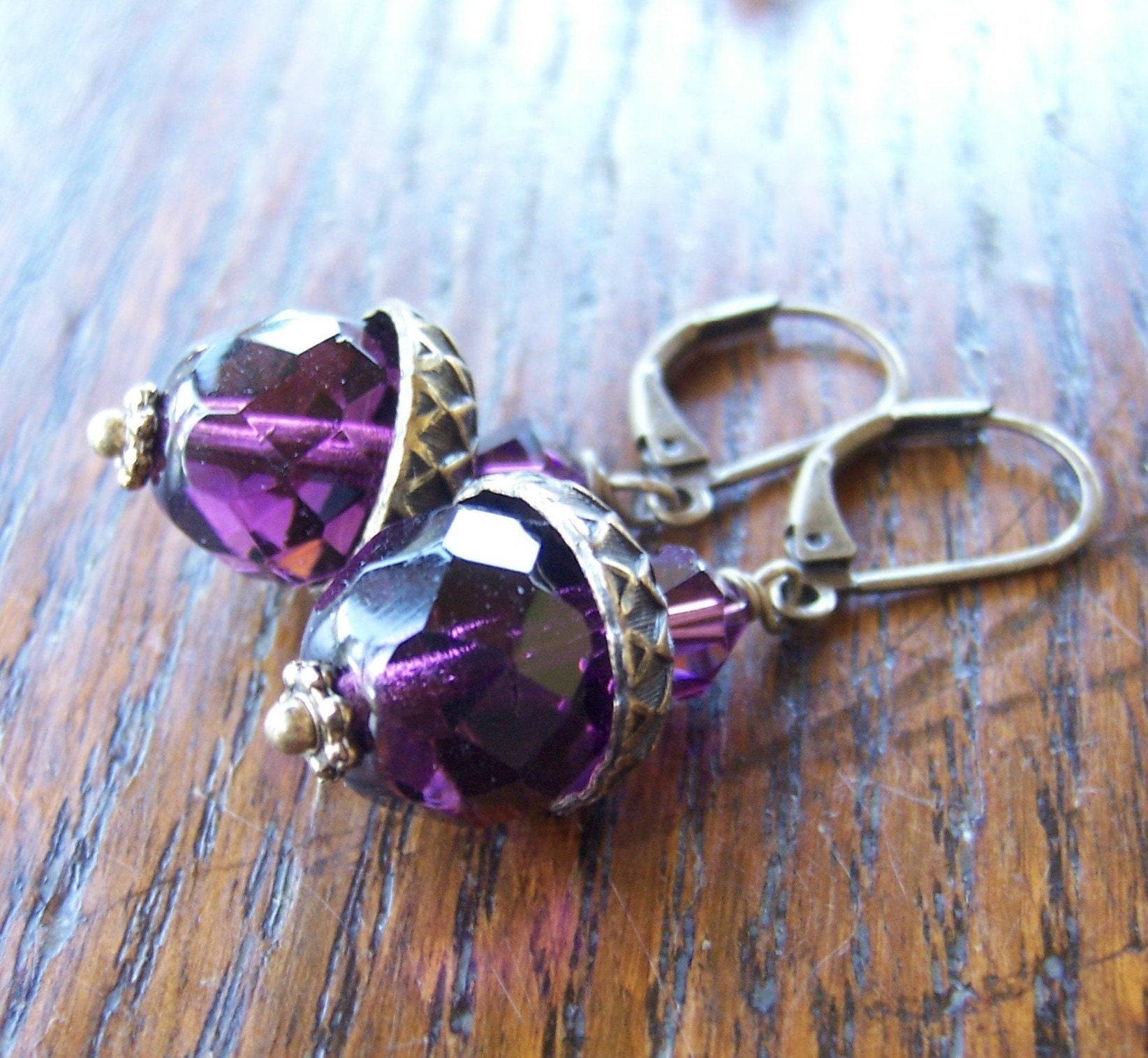 Amethyst Purple Acorn Earrings Silver or Bronze