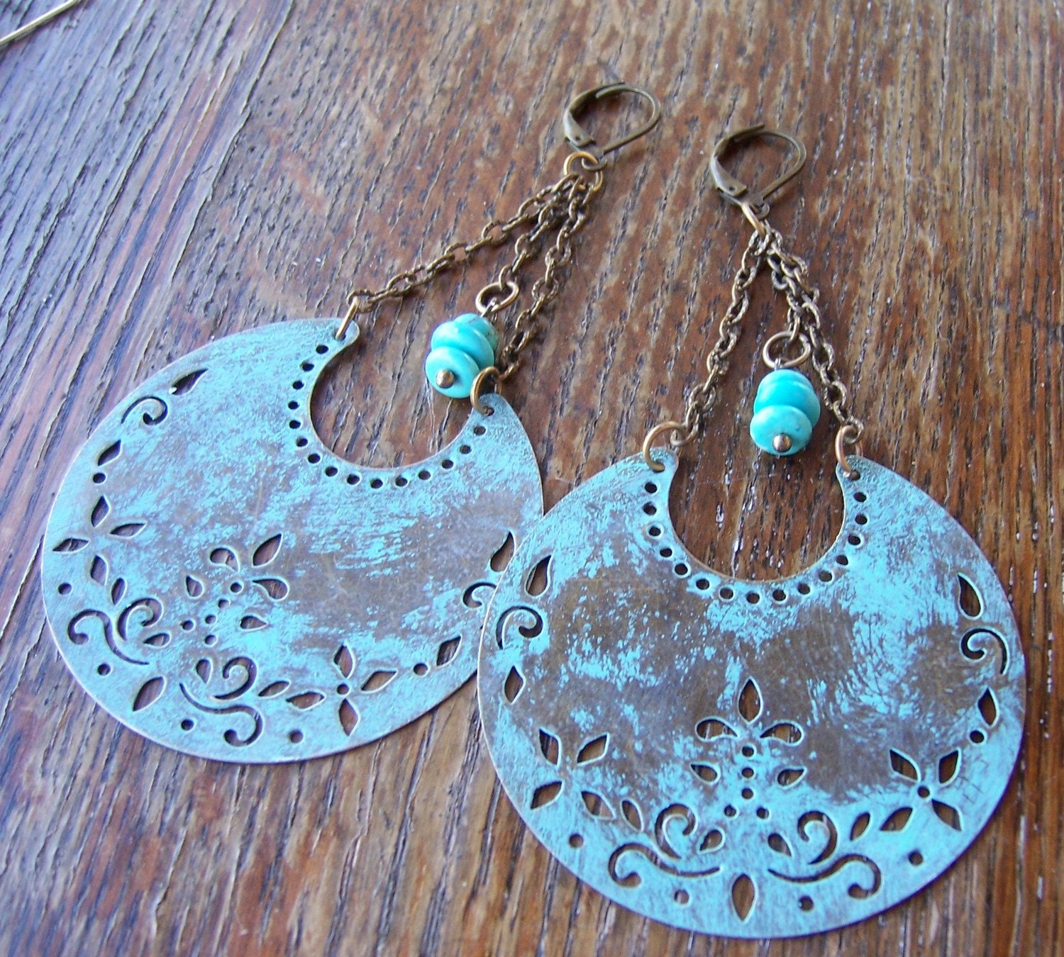 Turquoise Crescent Moon Brass Earrings