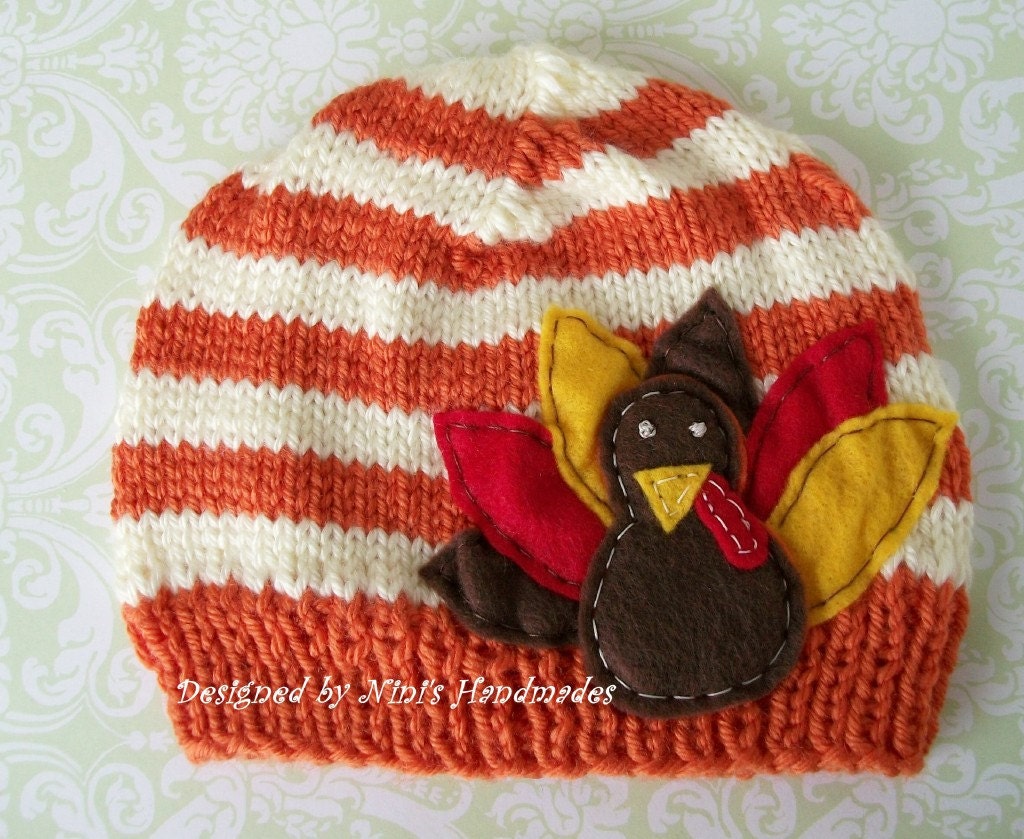 Fall Colors, Thanksgiving TURKEY CHILDRENS and Baby  Beanie- HAT- Gobble gobble, fall hat, Burnt orange and Off White
