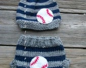 Grey and Navy BASEBALL Beanie  and Diaper Cover SET-Newborn size-Please read below for current turnaround time