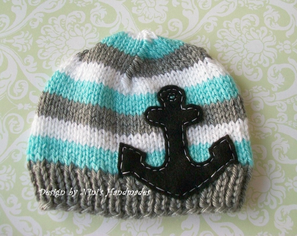 Knit - Nautical ANCHOR Applique Baby Beanie- Hat- Crochet baby hat-  Anchor Hat- newborn photography