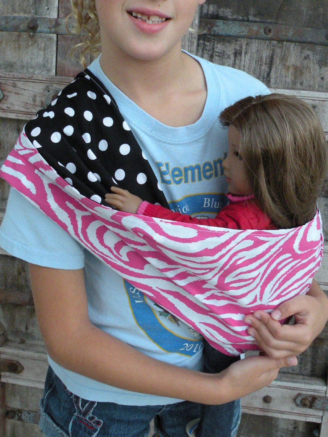 Ready To ship-Baby Doll Sling-REVERSIBLE -Pink Zebra /White Polka Dots on Black-2 SLINGS in One-Perfect Sling For an American Doll