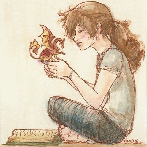 Reading with dragon fantasy art print - 5x7 - Weekends with Archibald