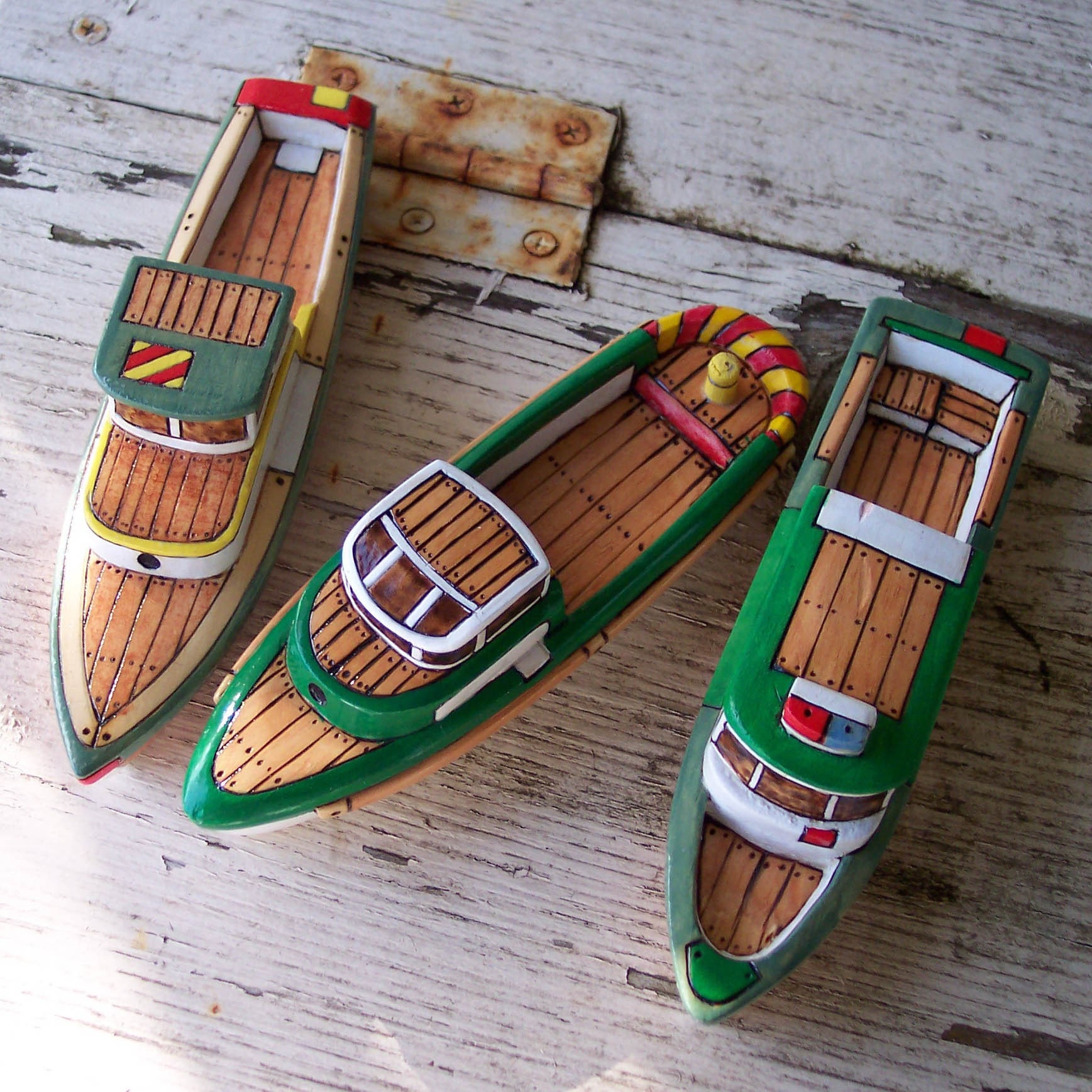 Three Green  Wooden Toy Boats