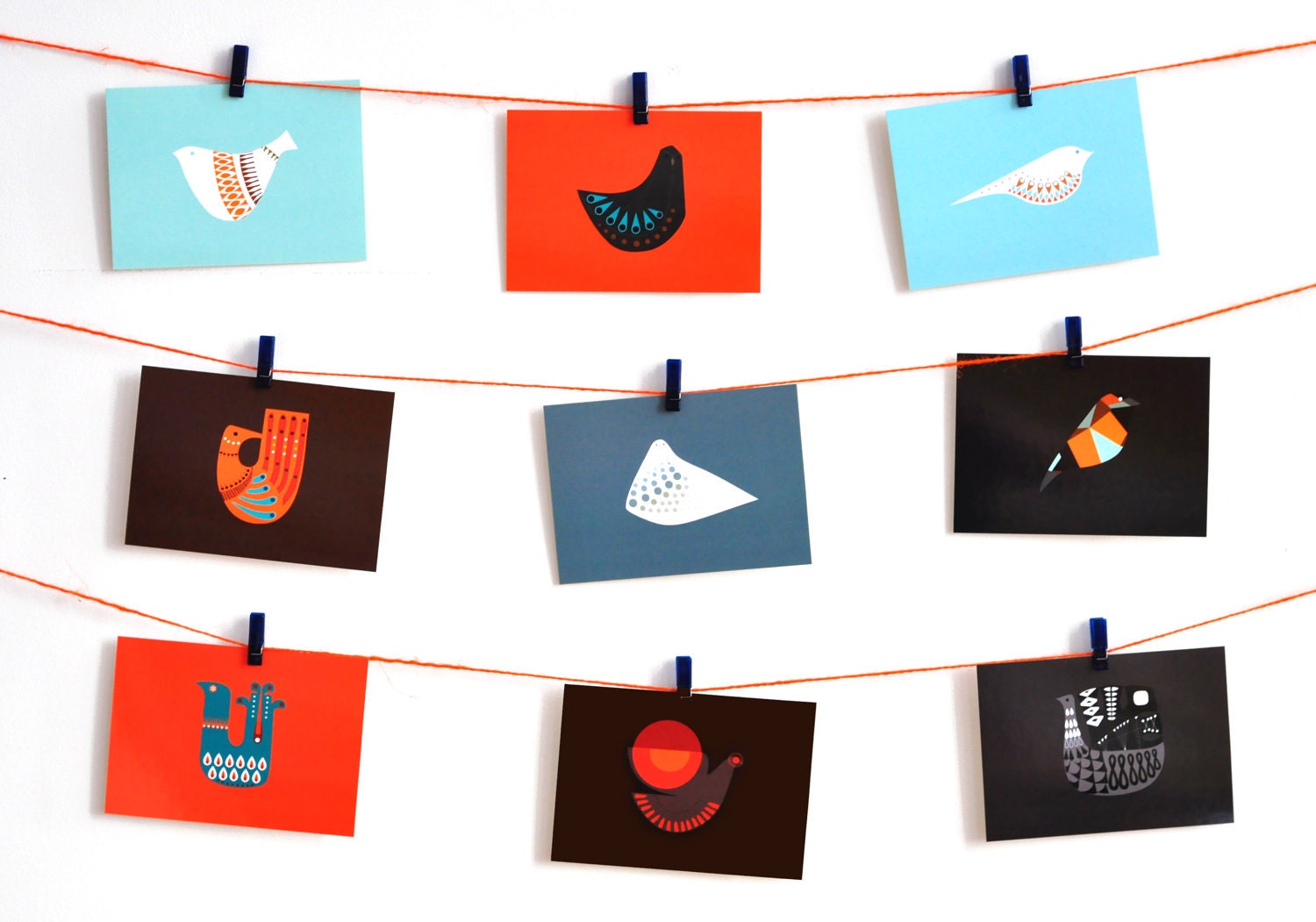 Set of 9 Illustrated Mid Century Styled Bird Postcards