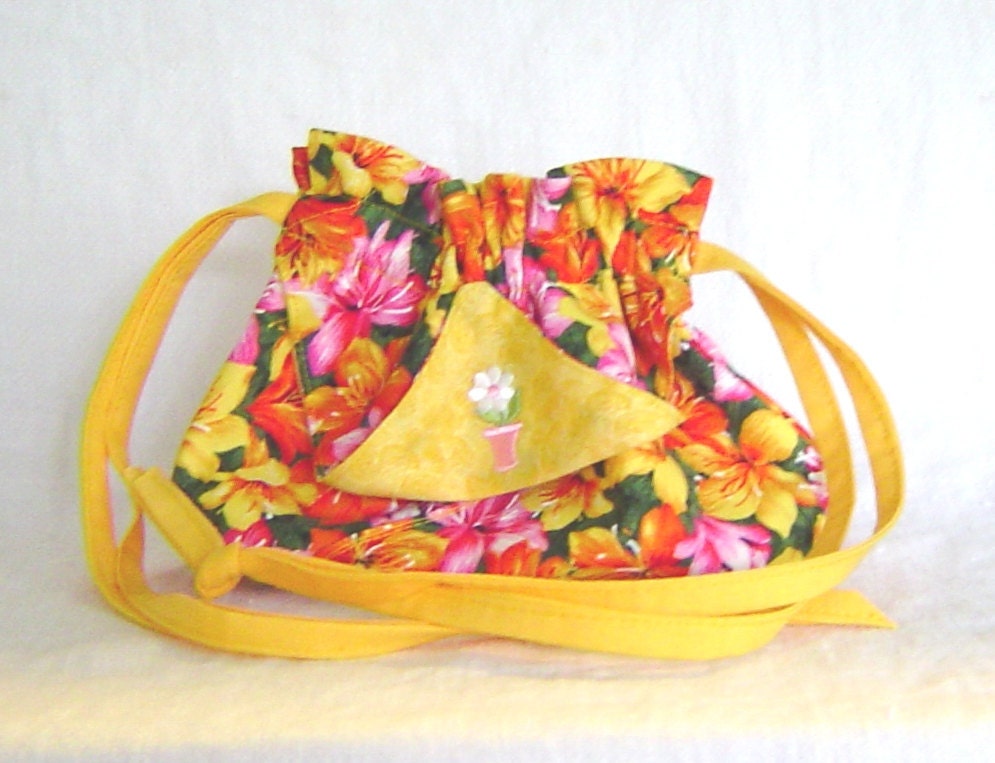 Small drawstring bag cosmetic bag jewelry bag travel bag gold pink orange floral bag handmade