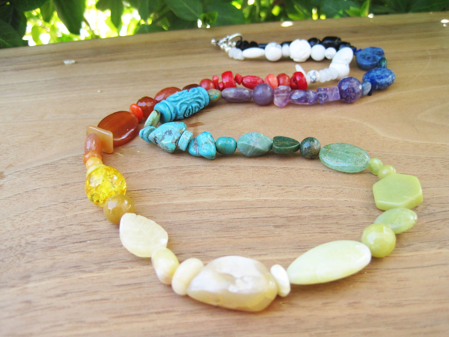 Rainbow Road - Rich Stone Necklace - White Black - Multi - Color Blocking - Medium Length - Turquoise Yellow Red Green Purple Blue