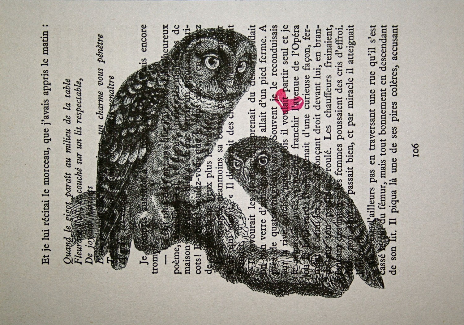 Owl Print on Vintage French Book Page - 5 x 7 Owls in Love - Valentines Day